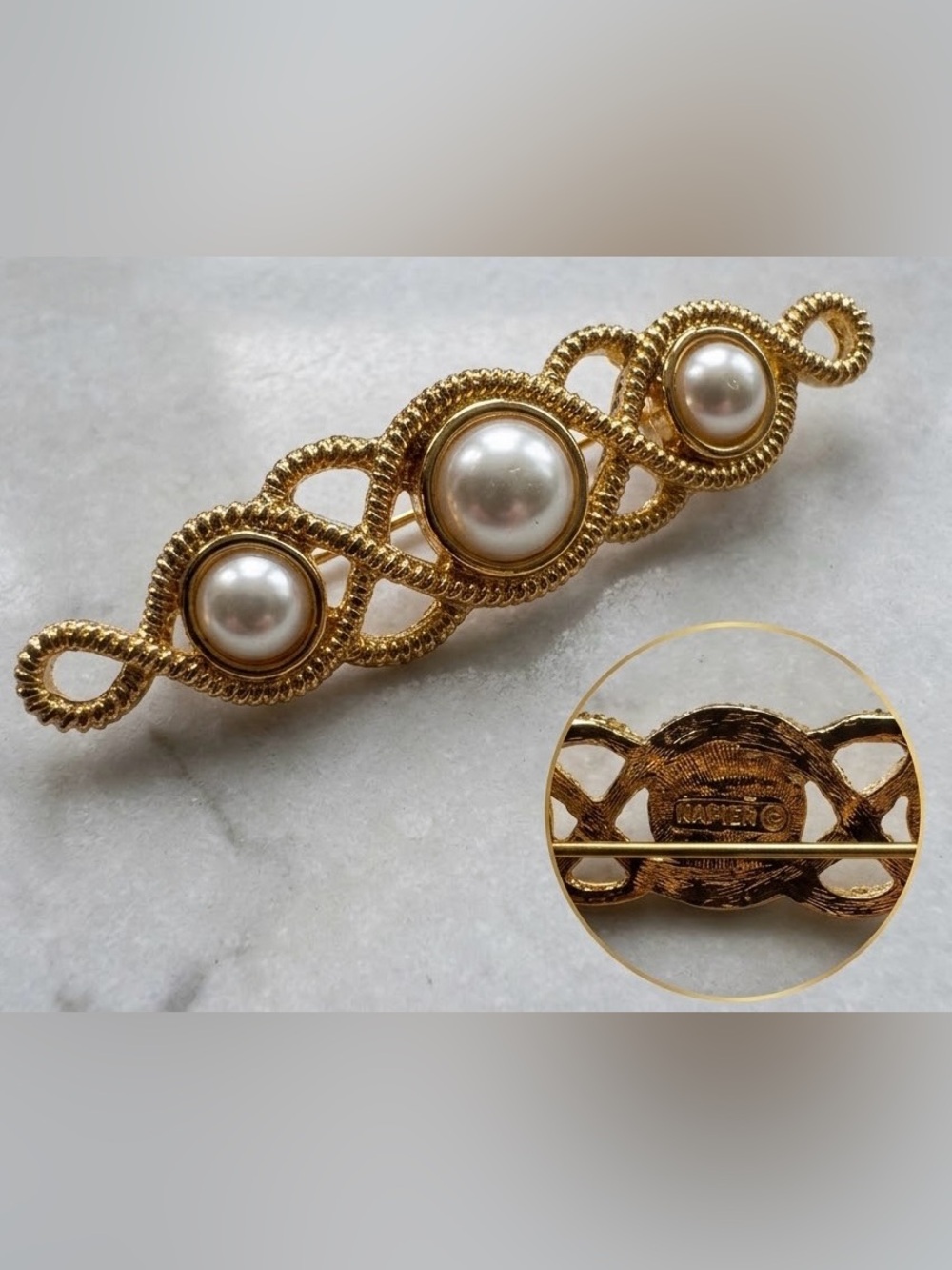 Vintage NAPIER Gold-Tone Rope & Faux-Pearl Bar Brooch Pin